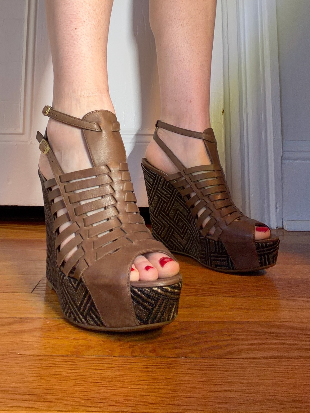 Joan & David Brown Woven Leather Wedge Sandals